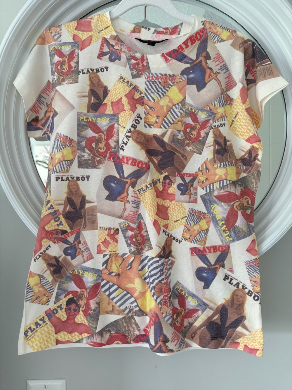 PLAYBOY Multi-Color Vintage Y2K Magazine Print Short Sleeve Tee